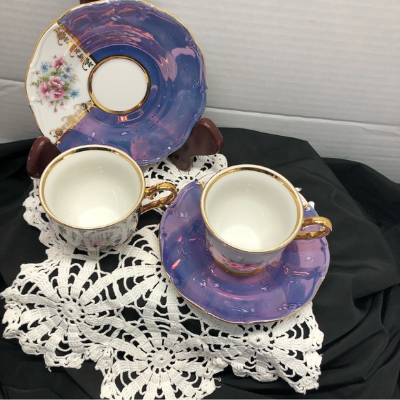 Rare Slovakia Delores MZ Bohemia Porcelaine Violet Lustreware Gold Teacup Set - Picture 3 of 15